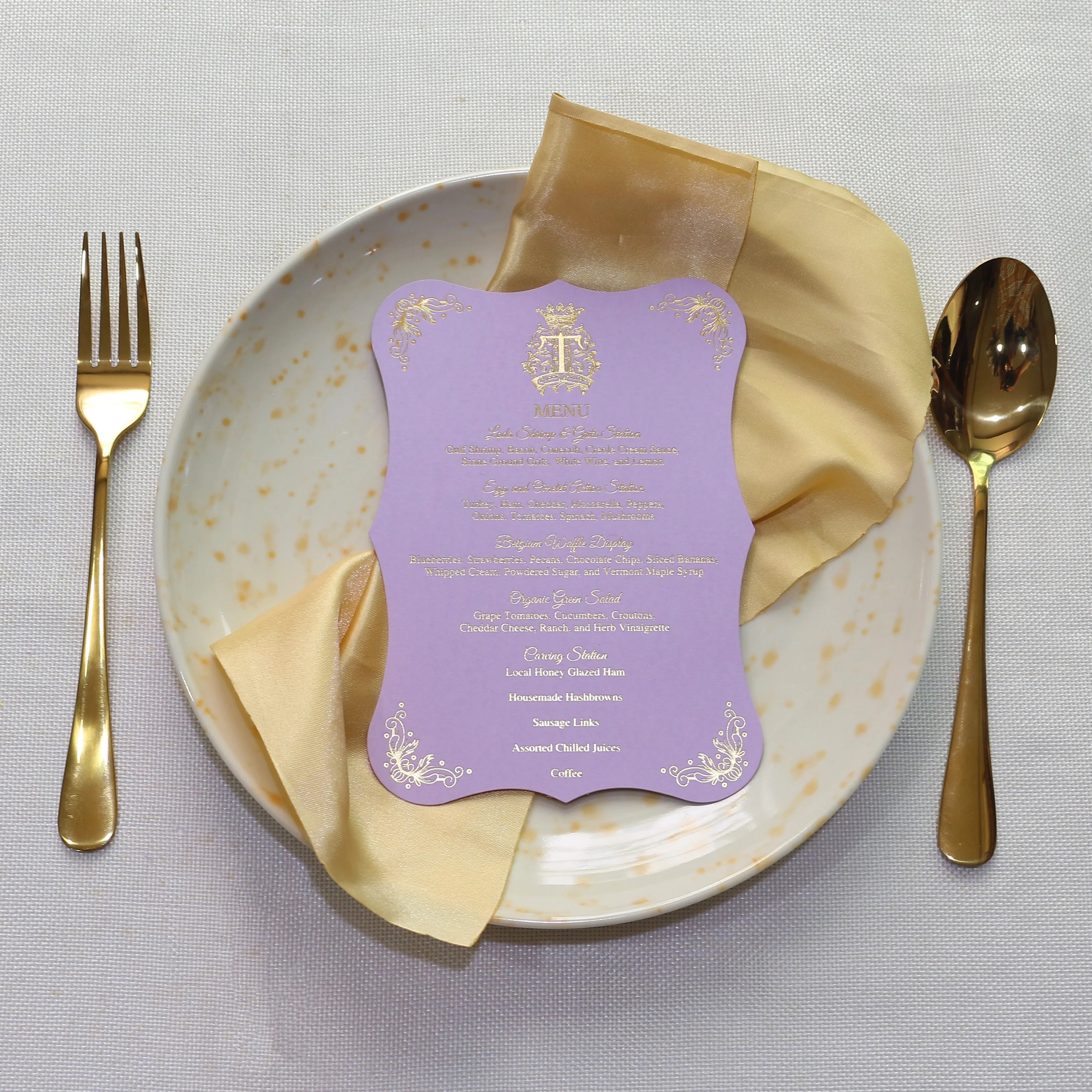 Royal Gold Foiling Printing Purple Lavender Paper Wedding Menu with Custom Personalized Design