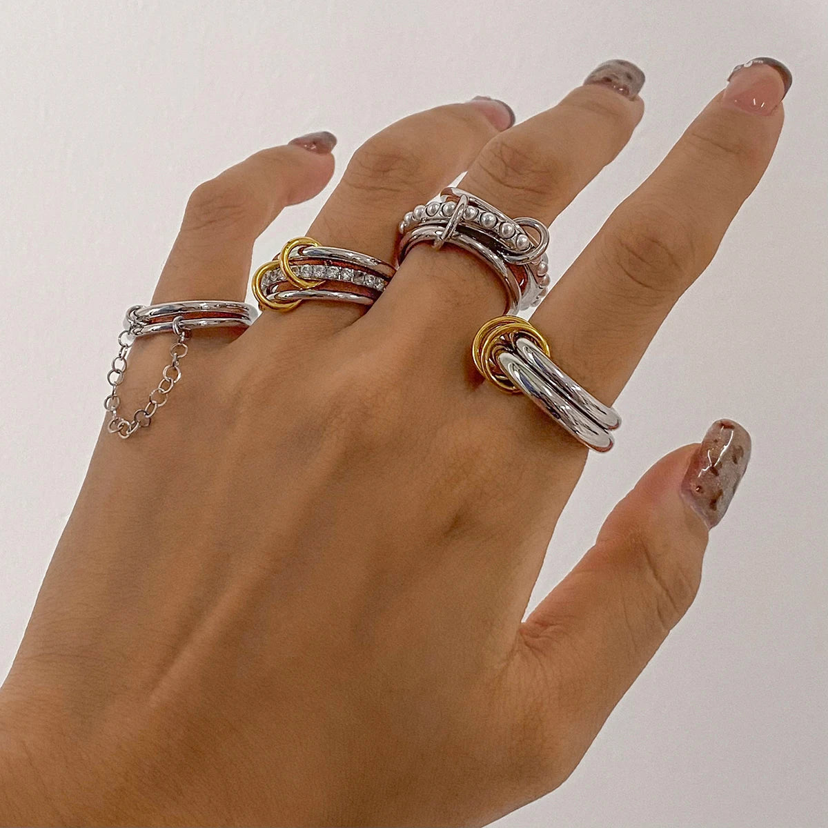 J&D Luxury Stainless Steel 18K Gold Rings Women Fashion Jewelry Two-Tone Double Finger Pearl Rings Sets
