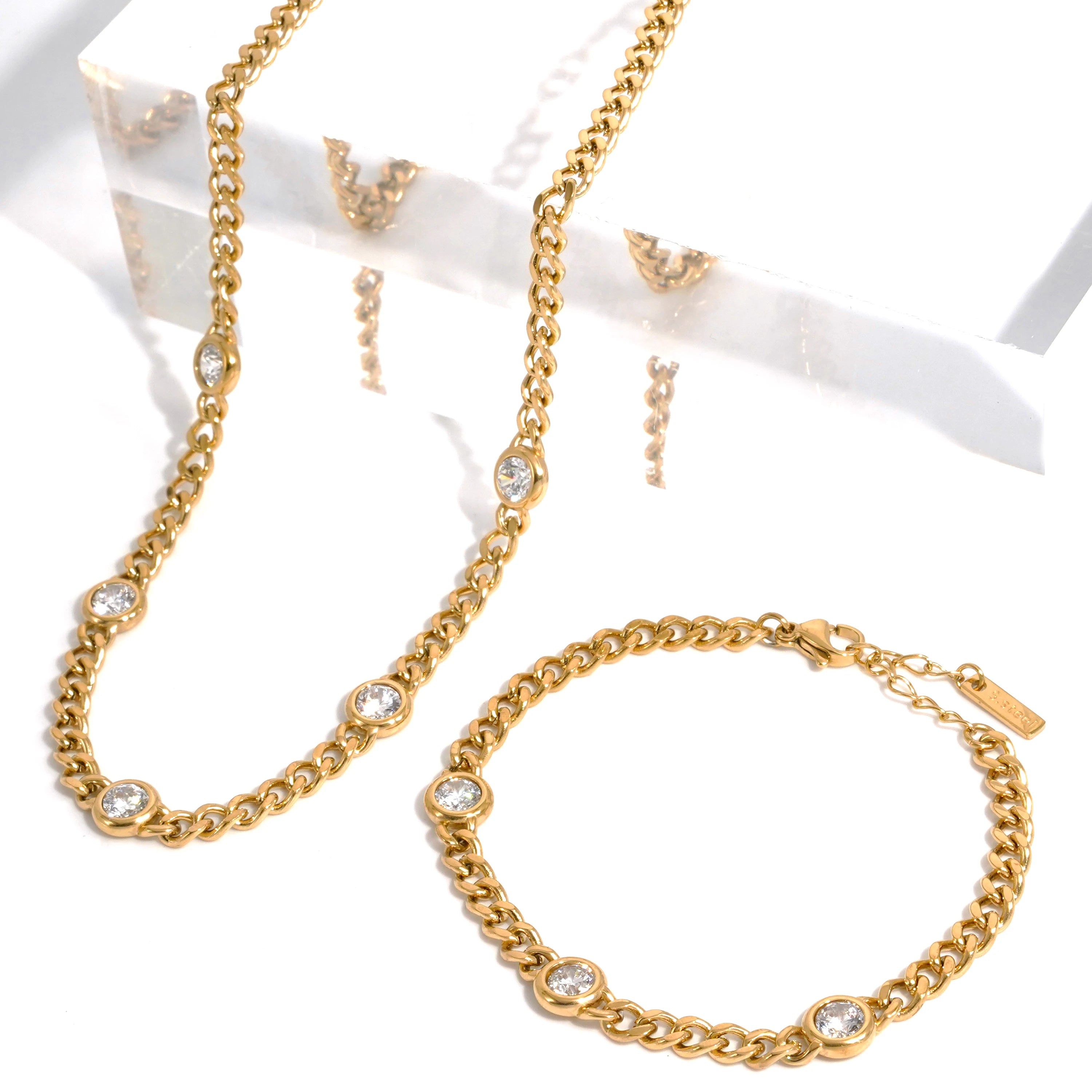 CLIORO Trendy Waterpoof Stainless Steel Necklace Bracelets Set Zircon Chunky Chain Hypoallergenic Tarnish Resistant Jewelry