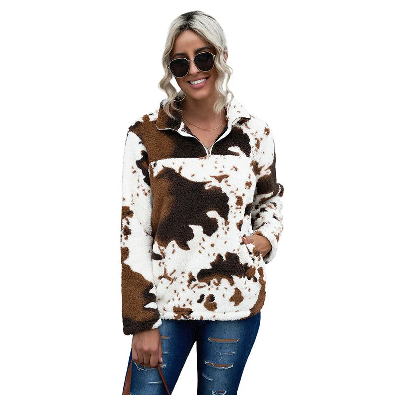 Ladies 1/4 Sweatshirt Winter Leopard Casual Quarter Zipper Women Fluffy Fleece Sherpa Pullover