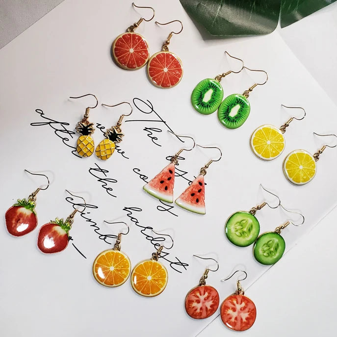 Dainty Cute Gift Gold Plated Enamel Orange Peach Strawberry Pineapple Pendant Woman Fruit Earrings Jewelry