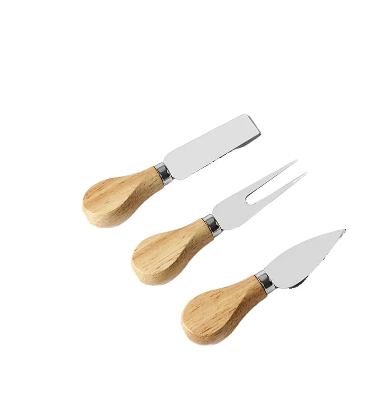 Four-Piece Cheese Knife and Fork Set with Wooden Handle Stainless Steel and Butter Knife Combination