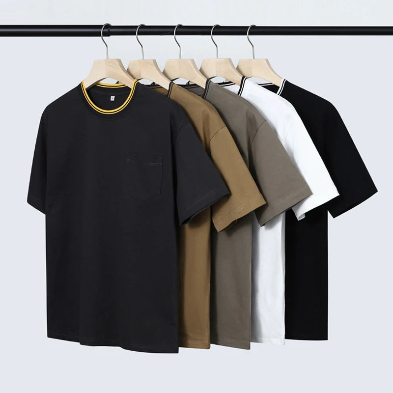 Custom Logo Crew Neck Tee Shirt Blank Ringer T-Shirt Short Sleeve 100% Cotton Contrast Collar Men Ringer T Shirt With Pocket