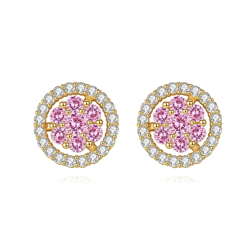 CZCITY 18K Gold Plated Round Stud Earrings Fashion 925 Silver Earring Pink Color Flower for Women