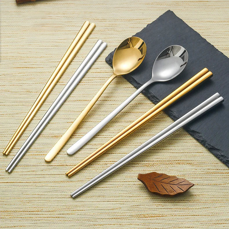 Korea Recycled Flatware Set Metal Stainless Steel 304 Pure Silver Thick Spoon Round Square Chopsticks for Sale