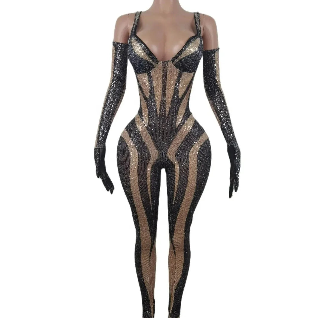 Sexy Spaghetti Strap Sequins Rompers Show Dancer Singer Performance Costumes Party One Piece Bodysuit Women One Piece Jumpsuit