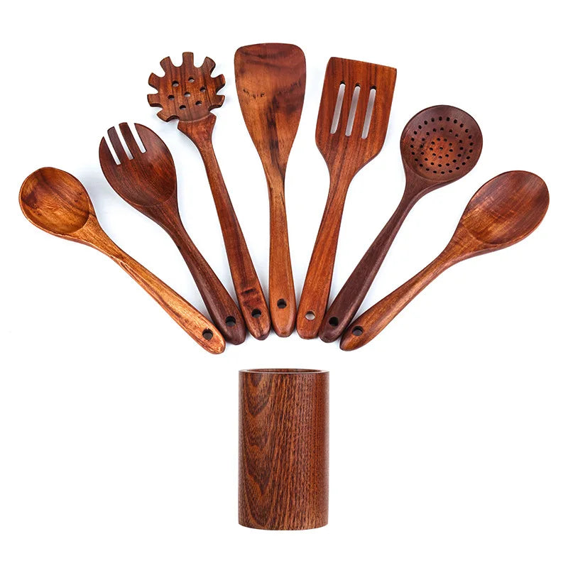 Nonstick Wood Kitchen Utensil Cooking Spoons Natural Teak Kitchen Utensils Set