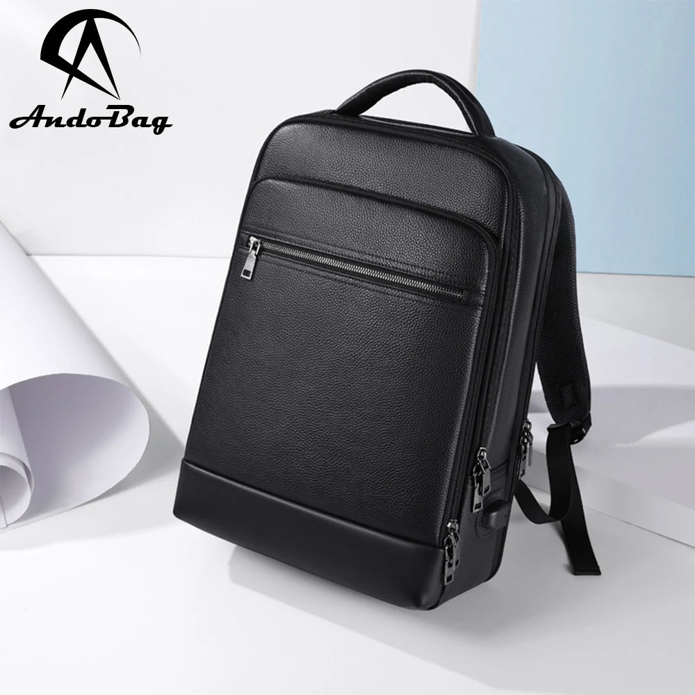 AndoBag 15.6" Laptop Backpack for Men Genuine Cow Leather Fashion Business Travel Shoulder Bag with Charge Port 6883