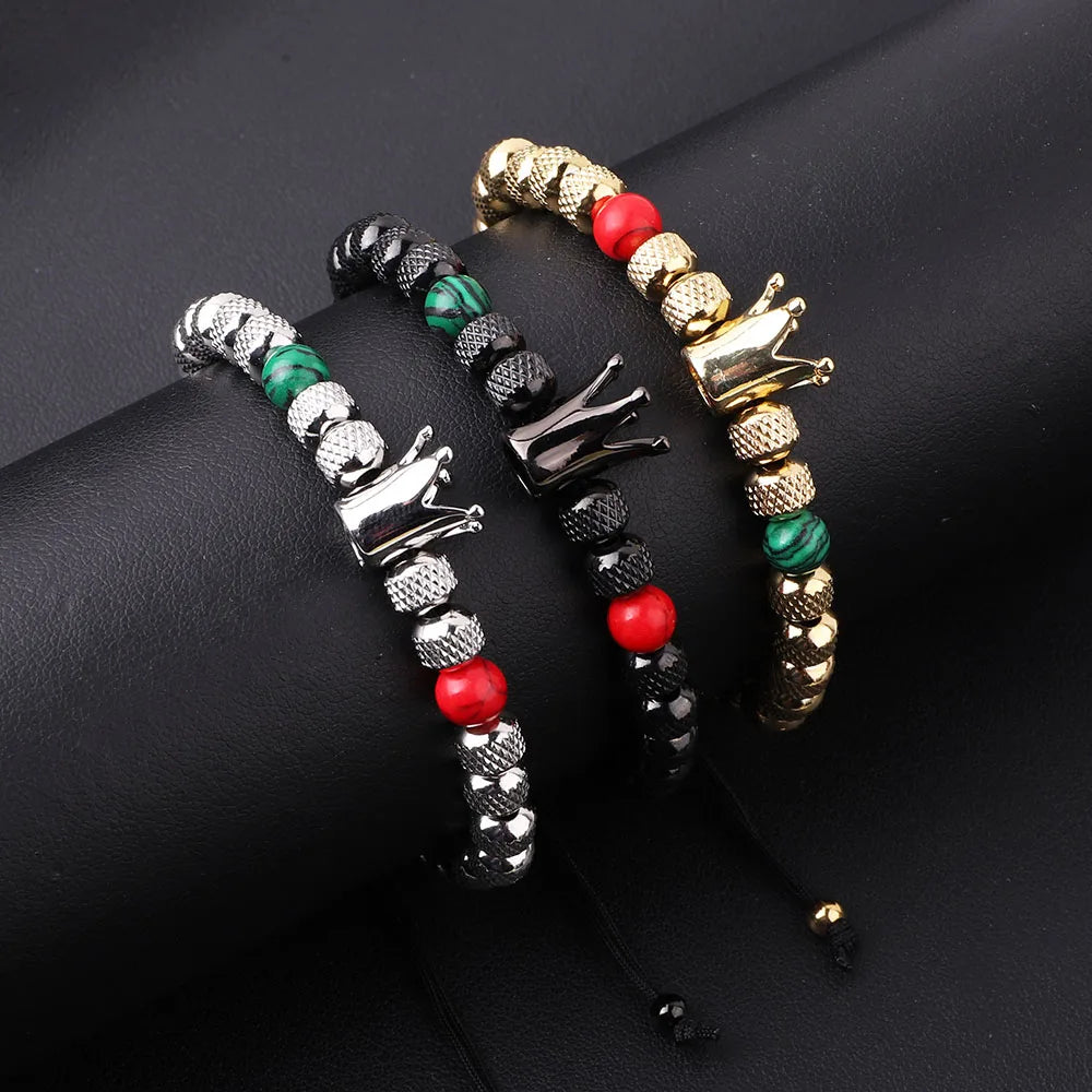 New Design 18K Gold Plated Stainless Steel Beads Bracelet for Men Crown Charm Custom Logo Macrame Man Bracelet JBS12650