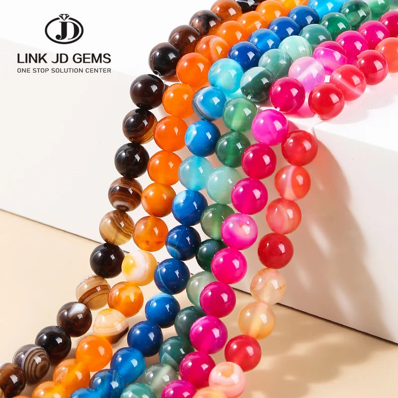 4 6 8 10 12mm Natural Blue Green Red Yellow Purple Smooth Stripe Agates Stone Beads Round Loose Agates Beads for Jewelry Making