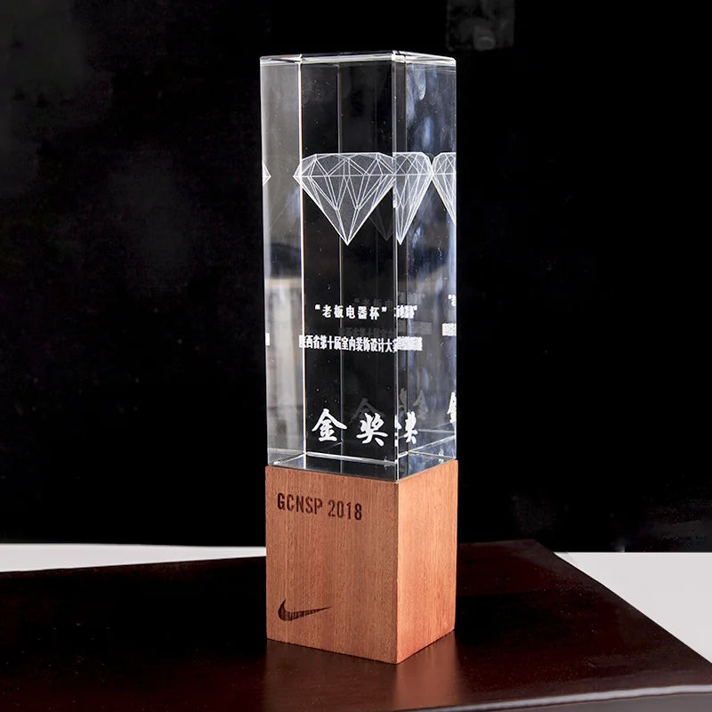 Guangzhou Wholesale K9 Crystal Cube Trophy Custom Logo 3D Laser Engraved Wooden Crystal Glass Star Award Sports Crystal Crafts