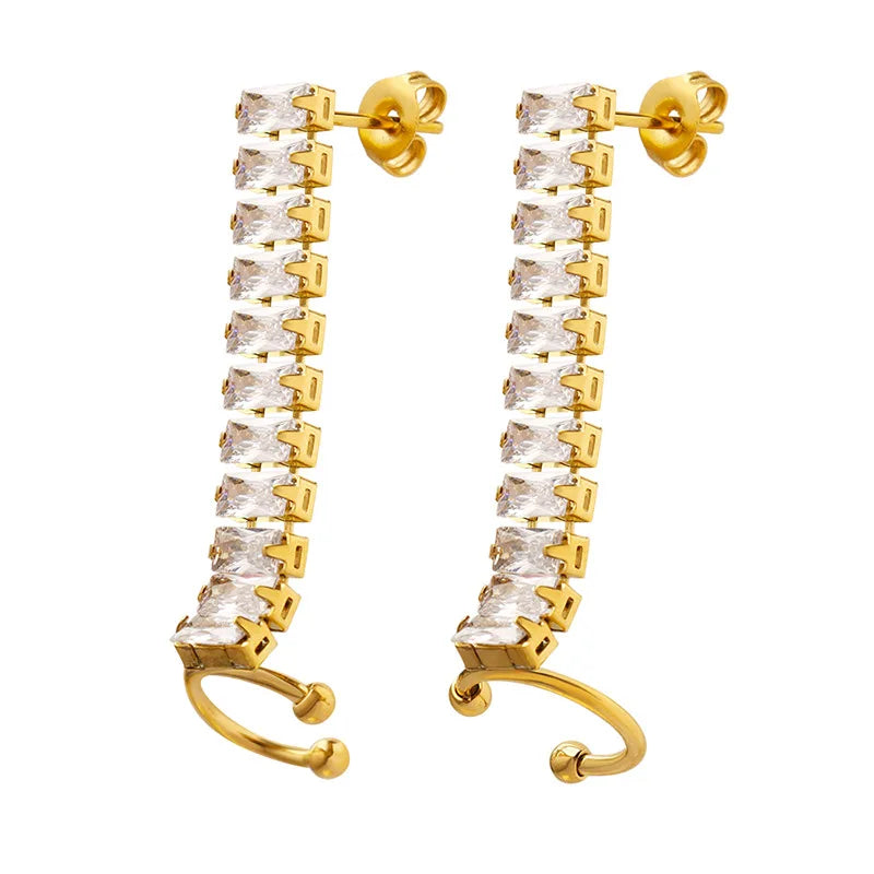 Fashion Shiny Zircon Ear Cuff Earring Stainless Steel Cubic Zircon Sparkles Ear Bone Clip Earring Tennis Chain Stud Earring
