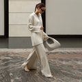 Customizable Spring Office Casual Two Piece Plisse V Neck Loose Shirt And Wide Leg Pants Women Set
