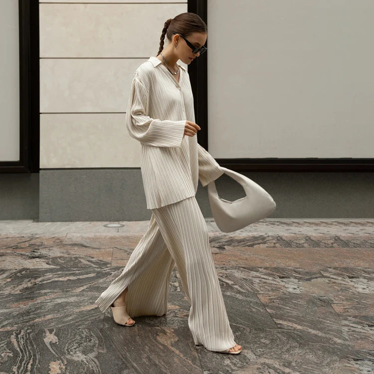 Customizable Spring Office Casual Two Piece Plisse V Neck Loose Shirt And Wide Leg Pants Women Set