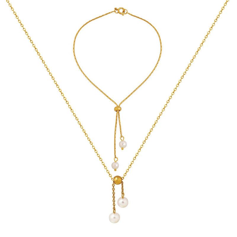 Lovely Imitation Pearl Pull Chain Freely Adjustable Length Necklace Bracelet Jewelry Sets