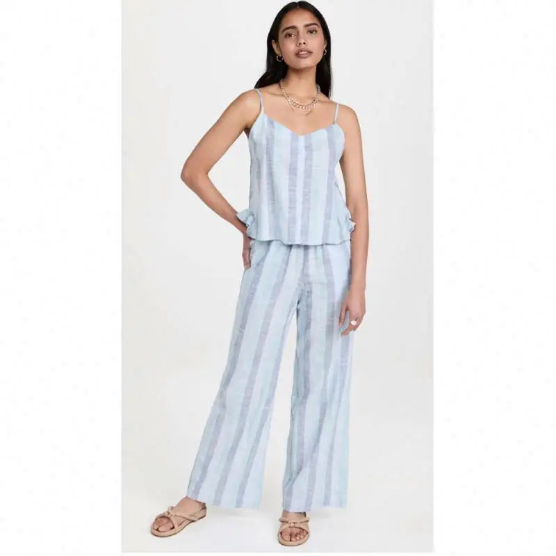 New Arrival Summer Women's Casual Polyester/Cotton Breathable Eco-Friendly Loungewear Yarn Dyed Stripes Pant Suits Short Set