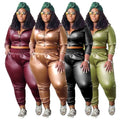 N7959 Trendy Plus Size Women Sets PU Leather Hooded Jacket and Pants Set Two Piece Sportswear Outfits for Women Hoodie Set