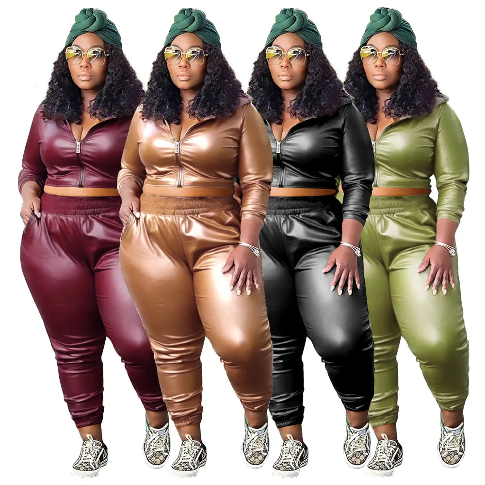 N7959 Trendy Plus Size Women Sets PU Leather Hooded Jacket and Pants Set Two Piece Sportswear Outfits for Women Hoodie Set