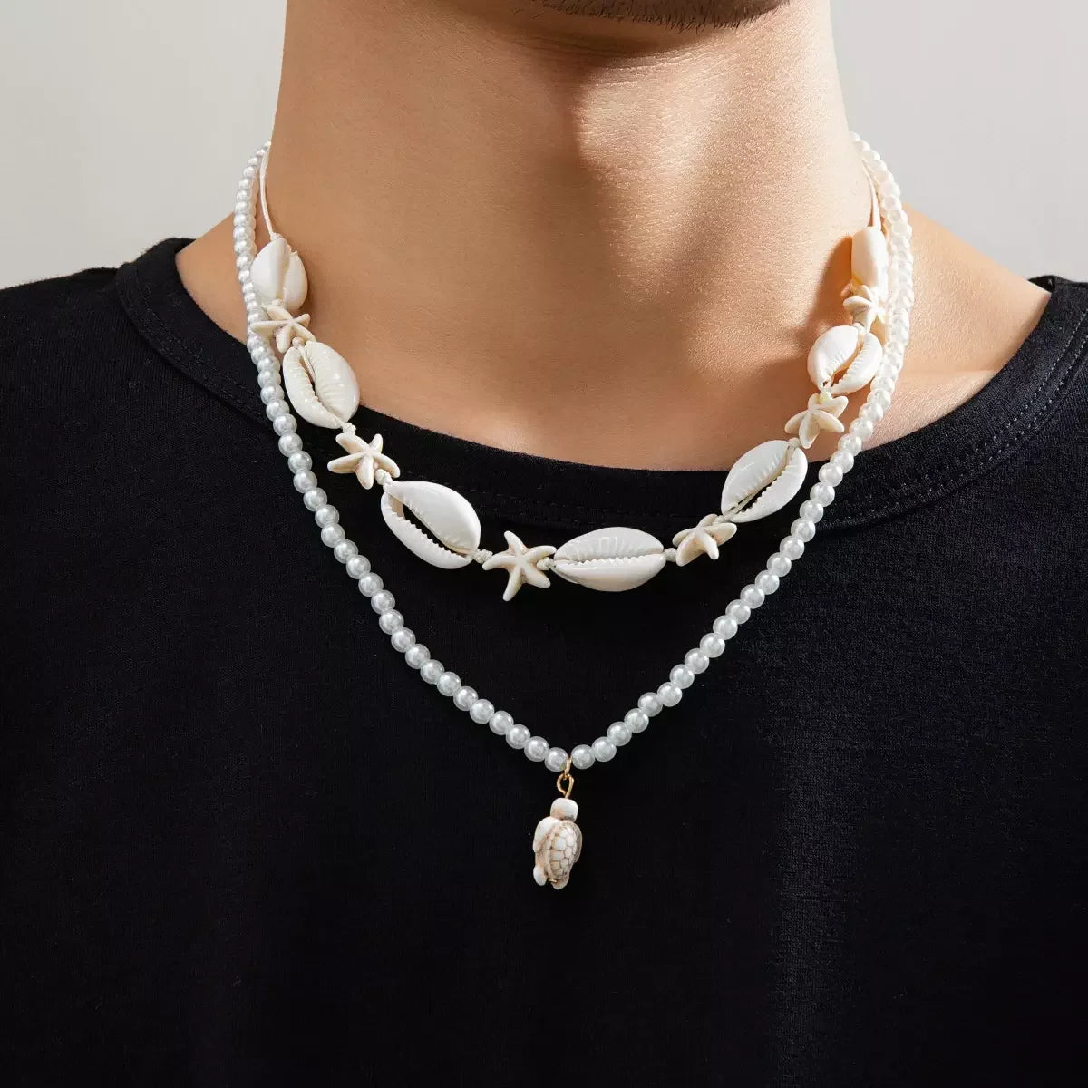 SHXIN 2pcs/set Bohemian Turtle Starfish Shell Pendant Necklace for Women Men Punk Imitation Pearl Beaded Choker Necklace Gift