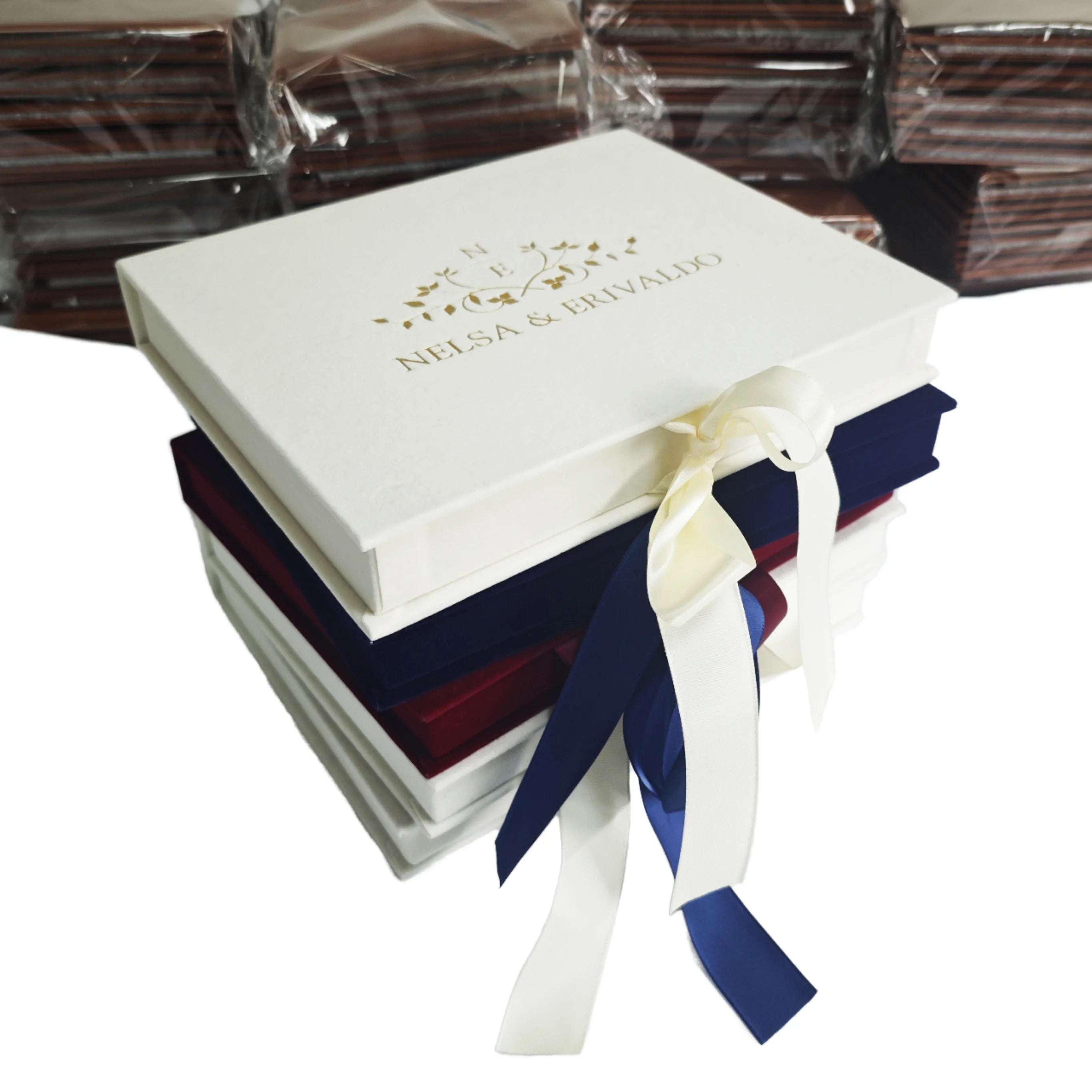 Custom Luxury clear Acrylic Invites Card Gold Foil Velvet Pocket Wedding Invitations Box Set With Silk Ribbon