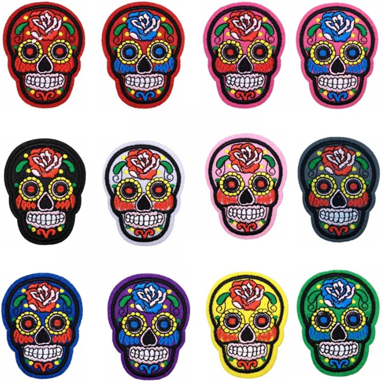 Custom Logo Heat Press Mexico Style Non Woven Iron on Embroidery Sugar Skull Patch for Jacket Coat