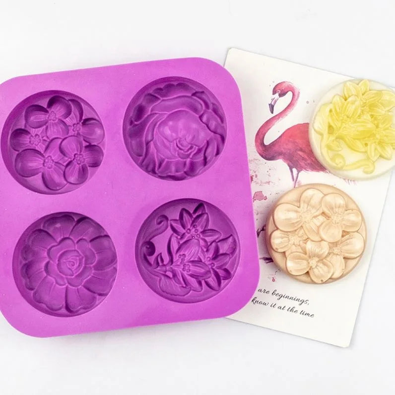 336 Free Sample 4 Hole Different Flower Round  Shape Cake Silicon Mold  Silicone Candle Moldssoap Making Molds
