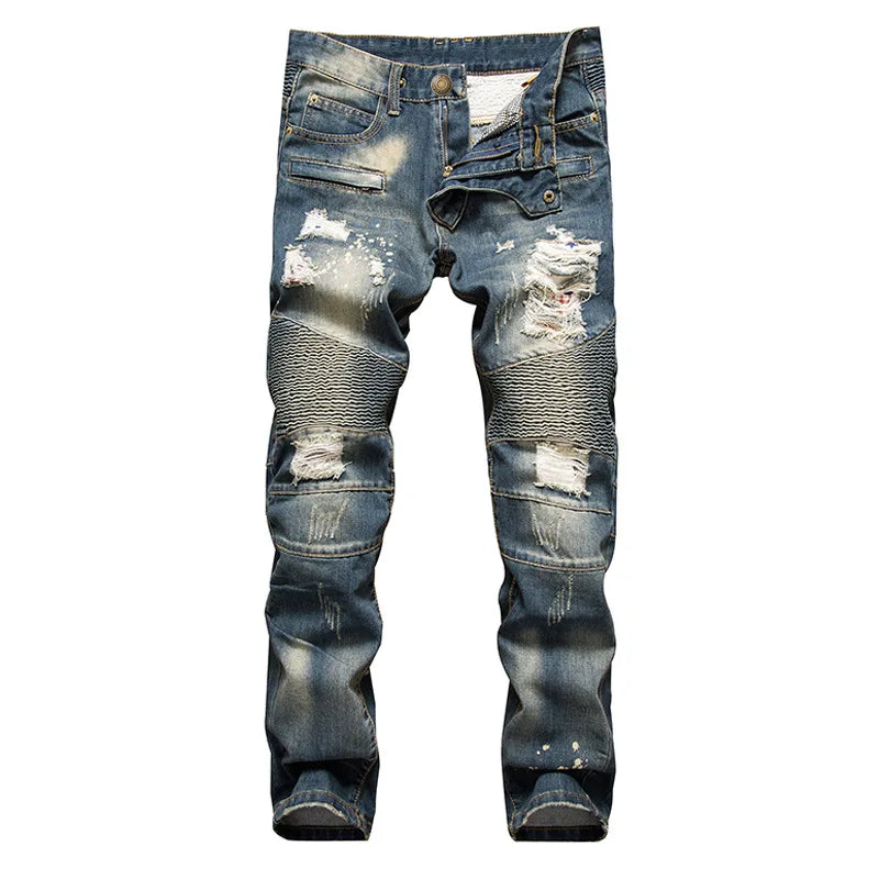 New Style Men's Distressed Destroyed Pants Art Hole Patches Skinny Biker Black Blue Slim Trousers Men Denim Jeans