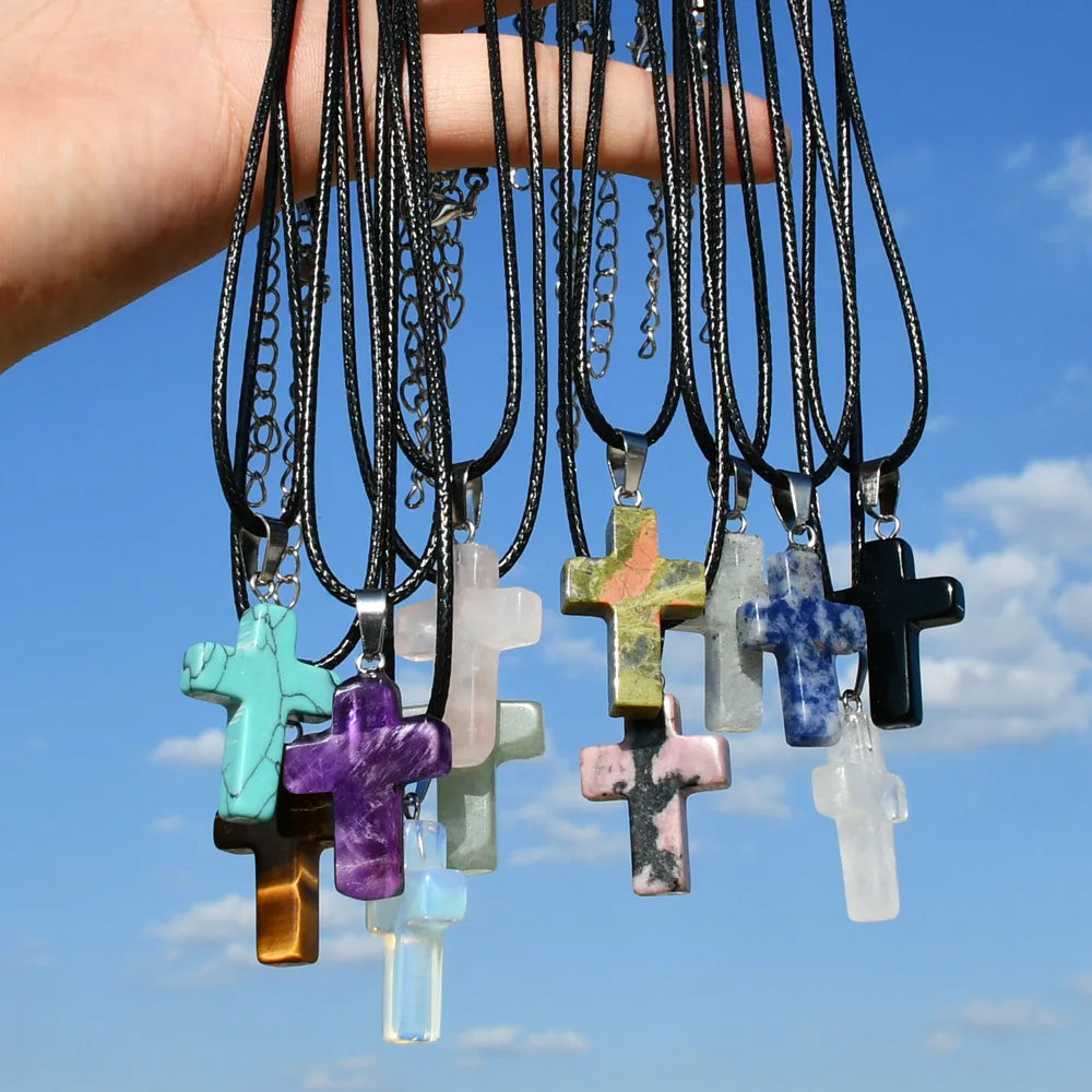 Natural Stone Pendant Necklace Simple Cross Shape Crystal Agate Tiger Eyes Stone Necklace Good Quality Necklace Jewelry