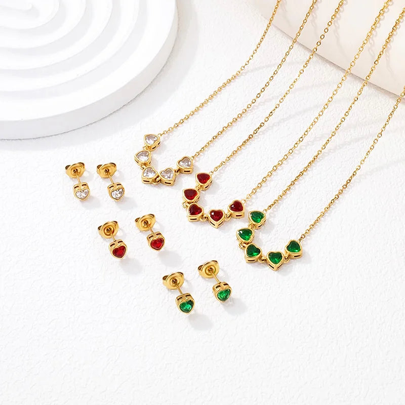 Fashion Designer 18K Gold Plated Stainless Steel Love Heart Colorful Diamond  Stud Earrings Necklace Jewelry for Women Sets