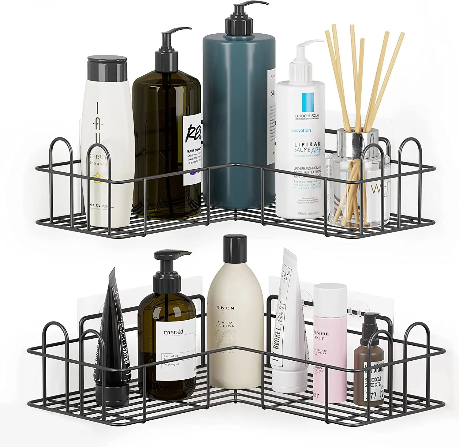 Modern Eco-Friendly Stainless Steel Corner Shower Organizer Bathroom Caddy with Wall-Mounted Dual-Tier Shelves and Inside Hooks