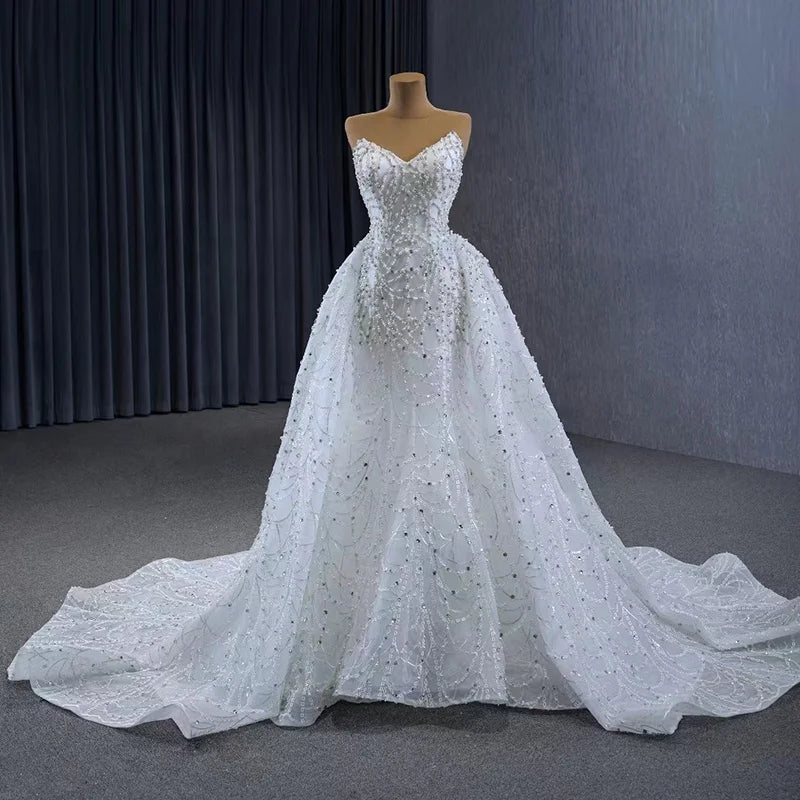 For Jancember 231125 Strapless Mermaid Wedding Dresses Crystal Pearls Beaded Appliques Natural Detachable Train for Parties