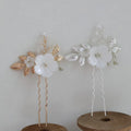 SLBRIDAL Handmade Shell Flower Alloy Leaf Pearls Bridal Hair Pin Wedding Hair Sticker Women Bridesmaids Jewelry Hair Accessories