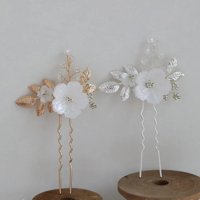 SLBRIDAL Handmade Shell Flower Alloy Leaf Pearls Bridal Hair Pin Wedding Hair Sticker Women Bridesmaids Jewelry Hair Accessories