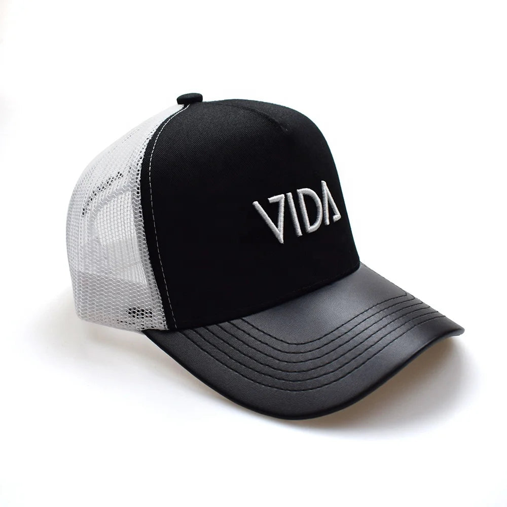 Custom Black Denim Canvas Trucker Cap White Mesh 3D Embroidery Logo Y2K Hip Hop Style Terry Beanie Unisex Performance Cycling