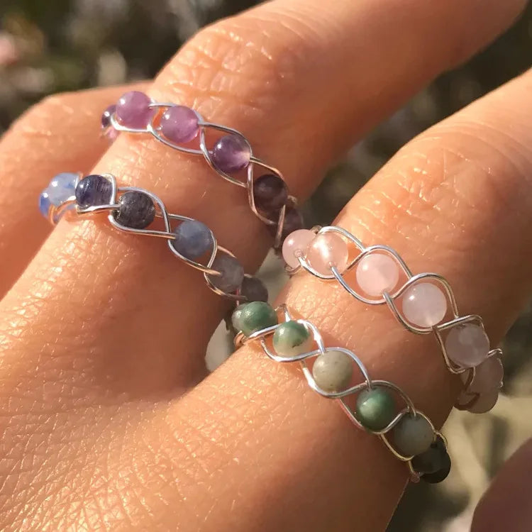 Fashion Handmade Brass Wire Red Purple Blue Stone Beads Beaded Finger Ring Women Rings Jewelry Bulk
