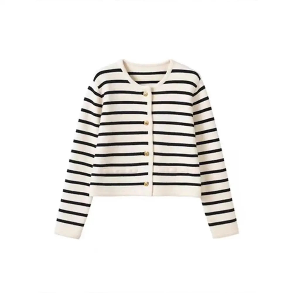 Women's Crew Neck Gold Buttons Cardigan Sweaters Lady Jacket With Patch Pockets