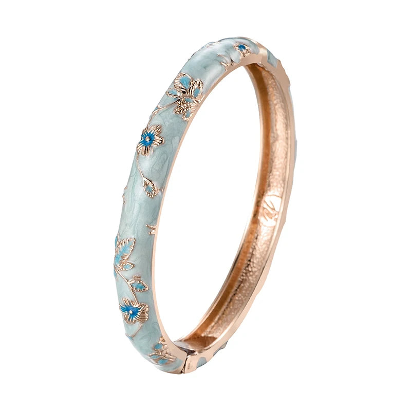 Daili Wholesale Cute Colorful Blue Flowers Bangle 8 mm Zinc Alloy Gold Plated Bracelet for Girl Jewelry Bangle Custom Bangles