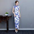 China Blue White Porcelain Qipao New Mxai Cheongsam Vintage Chinese Women Long Party Evening Dress Oriental Qipao Vestido