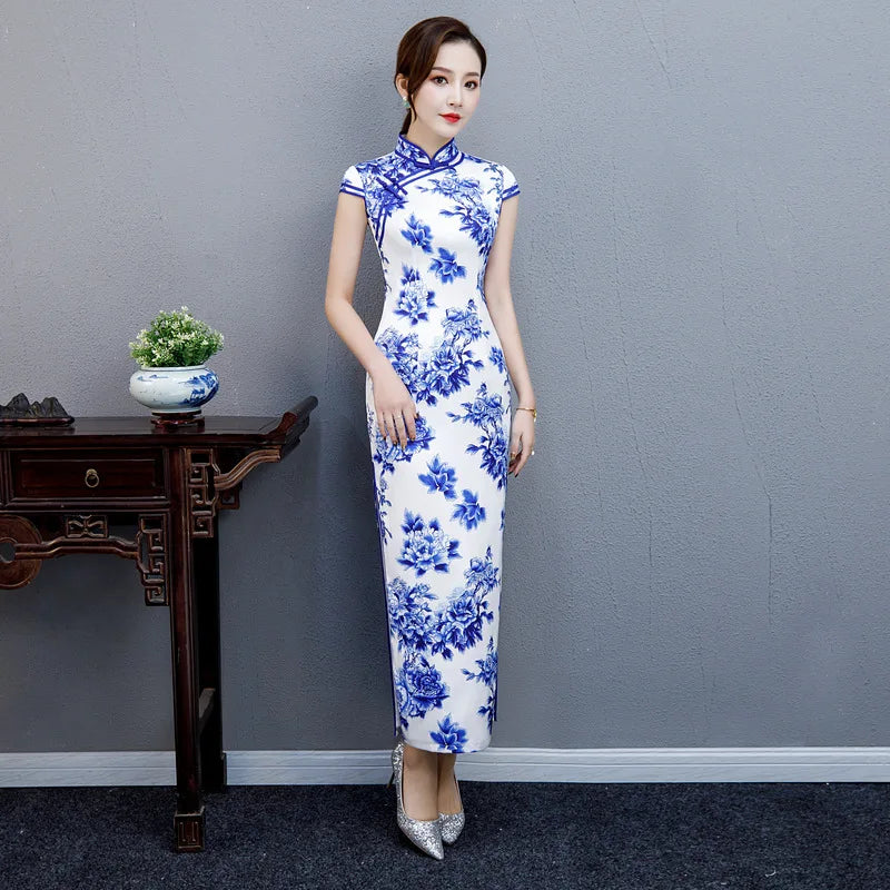 China Blue White Porcelain Qipao New Mxai Cheongsam Vintage Chinese Women Long Party Evening Dress Oriental Qipao Vestido