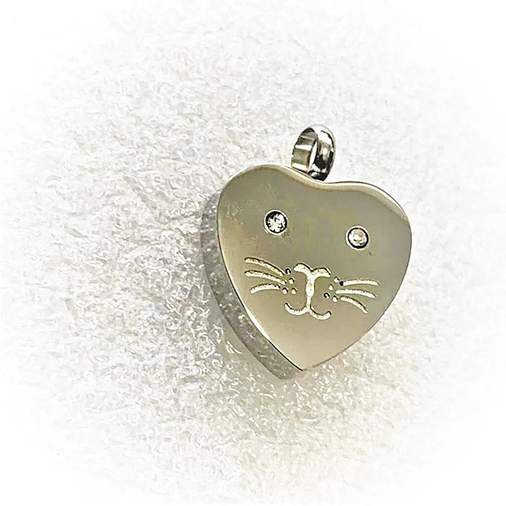 Stainless Steel Vintage Cute Cat Memorial Heart Urn Pendant Locket Necklace Silver Plated Crystal Ashes Holder Pet Cremation