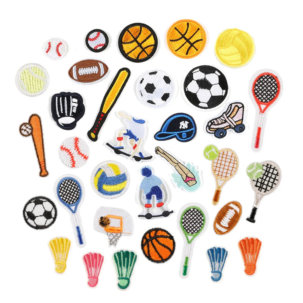 Hot Sale Small Badminton Tennis Swim Ball Game Racket Bat Design Iron on Embroidered Mini Sport Patches for Diy