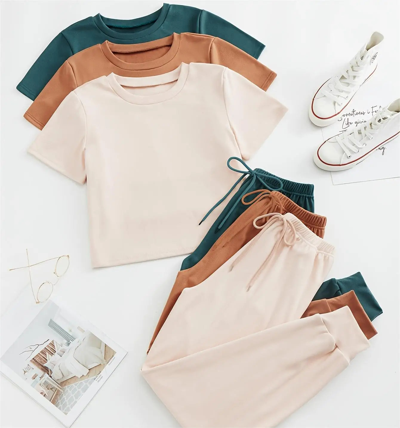 2026 Spring Fall Crop Top T Shirt 2 Two Piece Lounge Wear Set Clothing Women Mujer TShirt and Short Set Woman