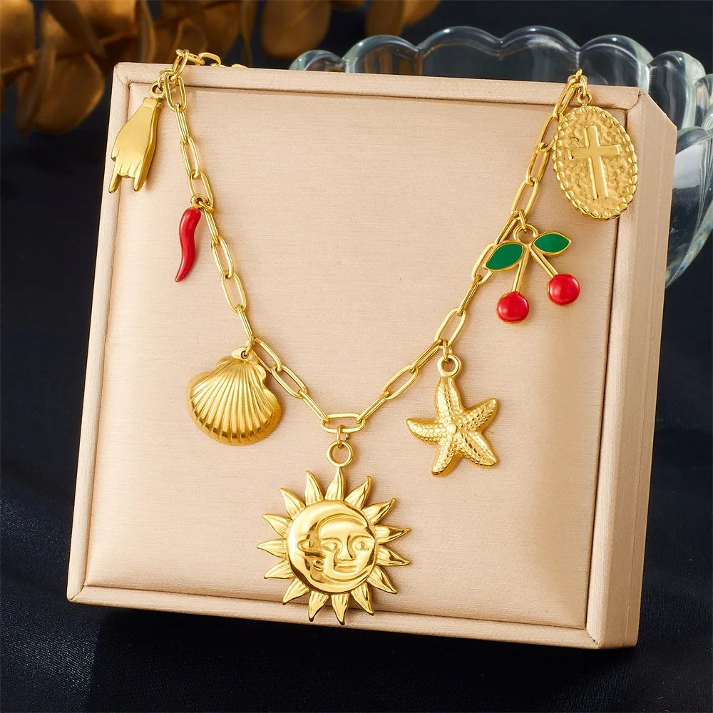 Fashion Bohemian Stainless Steel Sun Shell Pendant Necklace 18K Gold Plated Ocean Style Heart Shape Zircon Link Anniversary