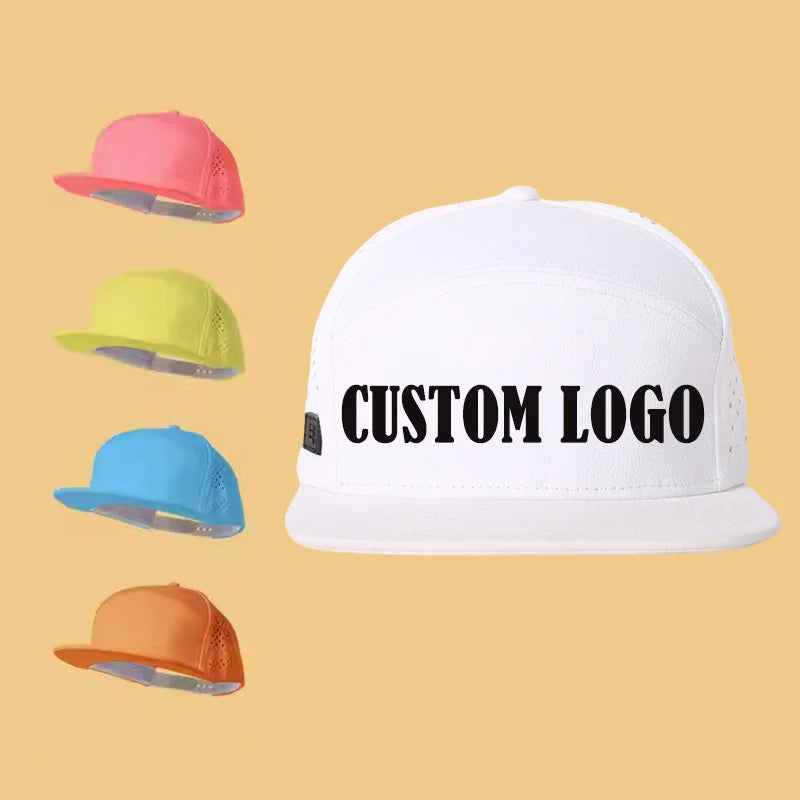 Personalized Full Custom Logo 6 Panel Plain White Blank Flat Brim Cotton Mesh Trucker Camp Hat Snapback Caps