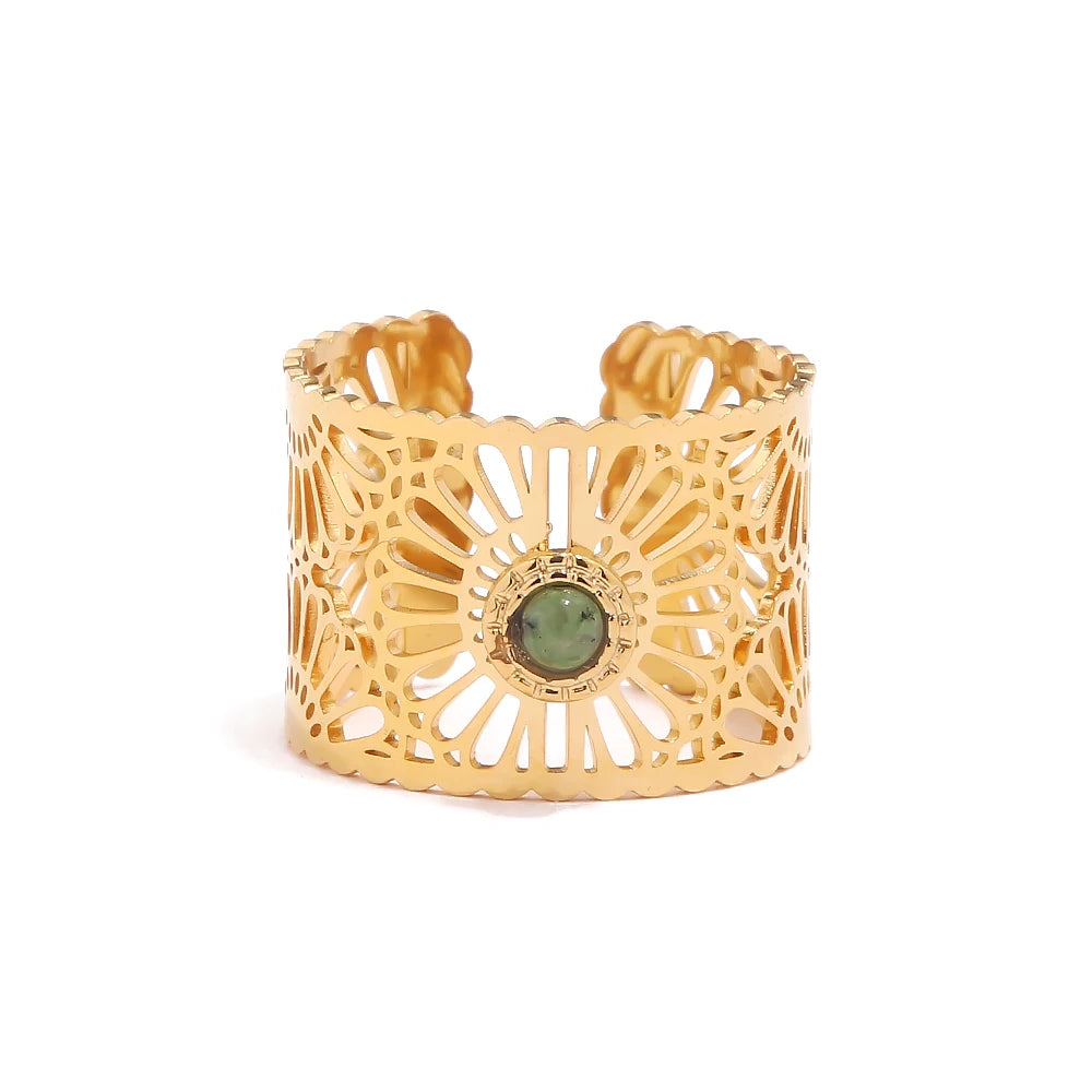 New Trendy Stainless Steel Jewelry Gift Charm 18K Gold Plated Wide Natural Stone Hollow Rings for Women MegaBDM