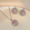 Women Bridal Stainless Steel Chain Crystal Pink Necklace Earrings Jewelry Set