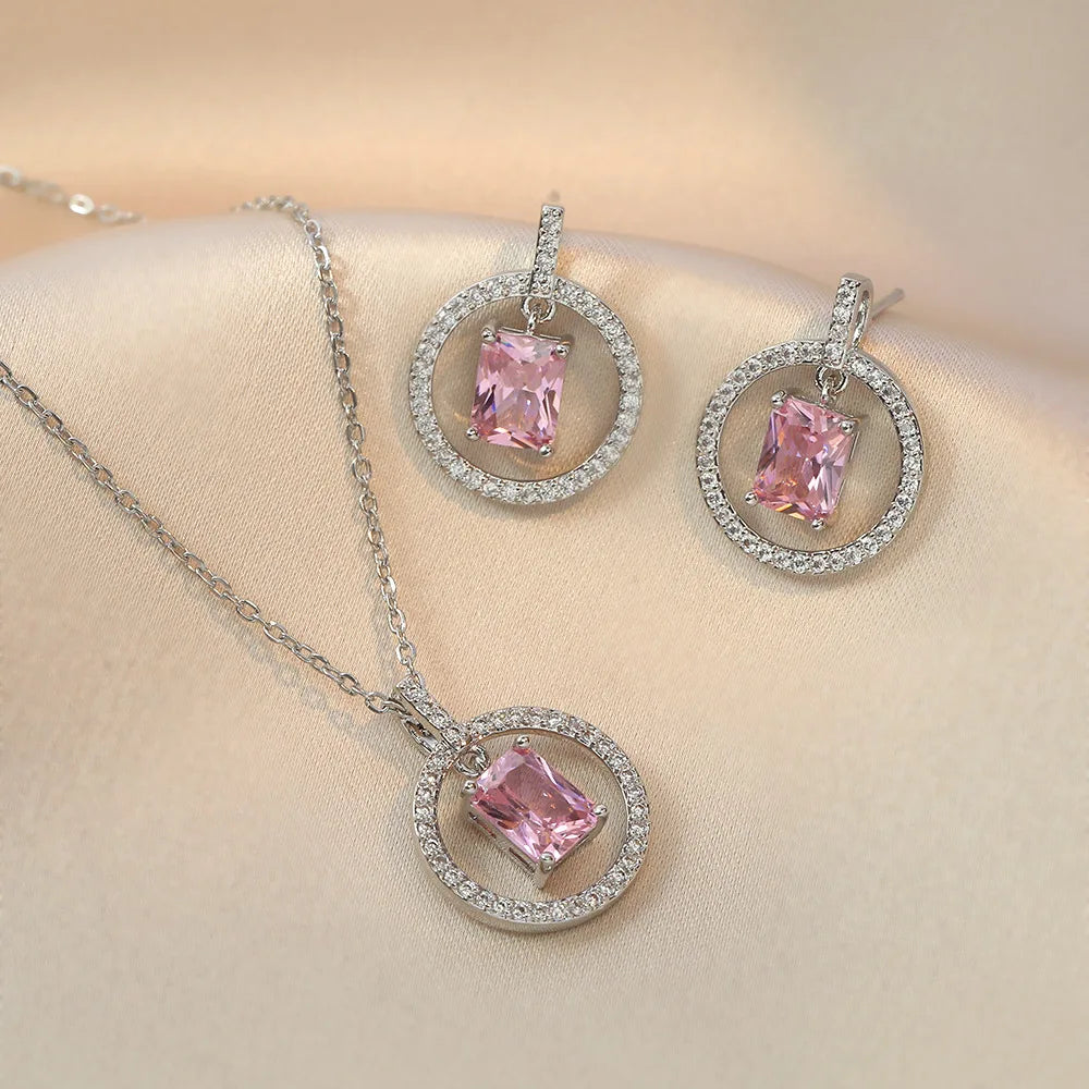 Women Bridal Stainless Steel Chain Crystal Pink Necklace Earrings Jewelry Set