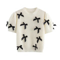 ZATRHMBM Women's Sweater Top 2024 Summer New Casual Fashion Round Neck Short Sleeve Bow Knit Pullover Sweater Blouse