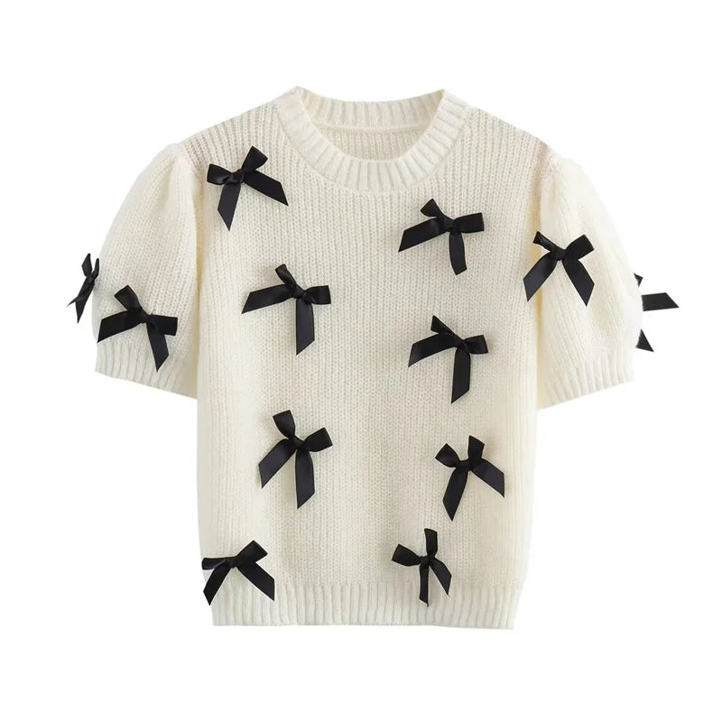 ZATRHMBM Women's Sweater Top 2024 Summer New Casual Fashion Round Neck Short Sleeve Bow Knit Pullover Sweater Blouse