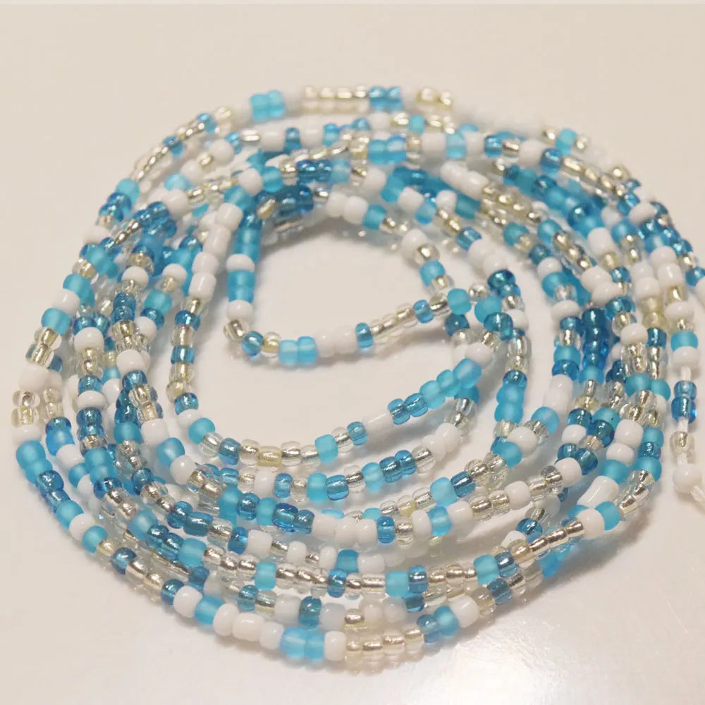 Blue White Silver Mix Fashion African Mix Glass Seed Beads Tie on Waist Beads Belly Body Chain Double Cotton String for Ladies